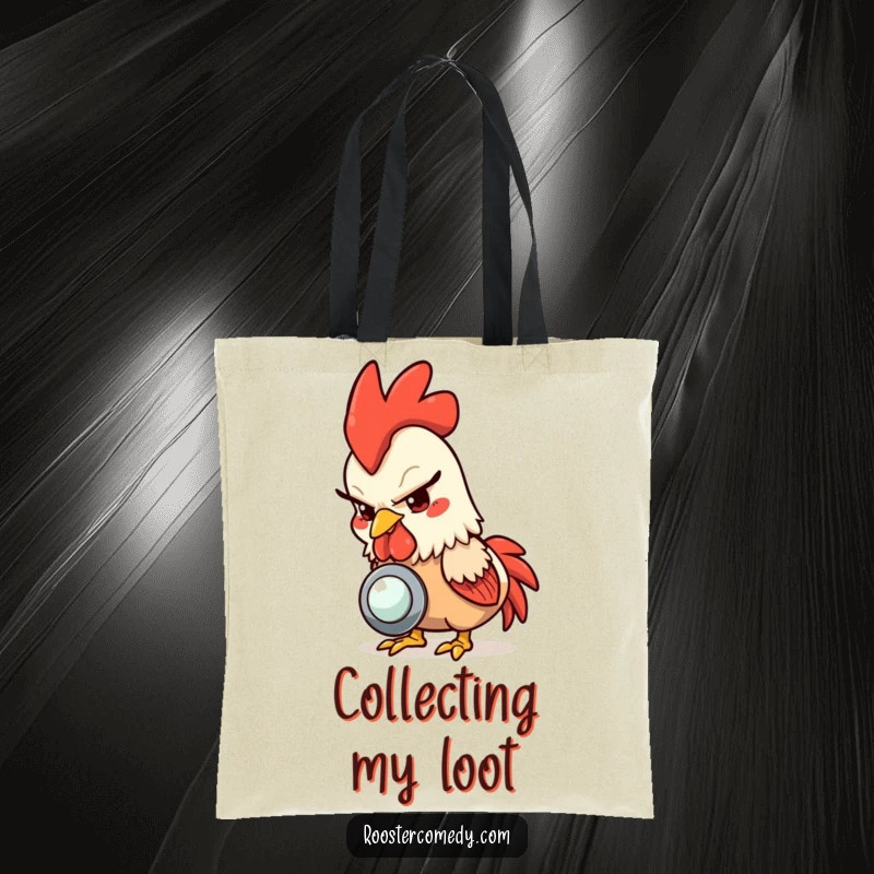 Funny rooster tote bag, a rooster with a mischievous glint pecking at a shiny button, ideal for market trips.