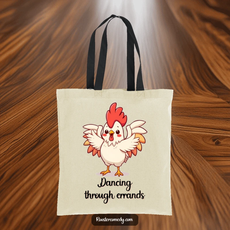 Funny Tote Bag featuring a cute Kawaii rooster with wings spread, performing a joyful and flamboyant dance, a perfect accessory for dancers.