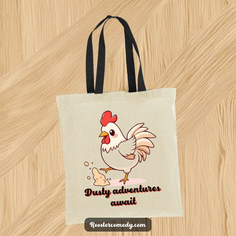 Funny Kawaii Rooster Tote Bag: A kawaii rooster playfully kicks up dust, embodying a funny, energetic vibe for carrying your items.
