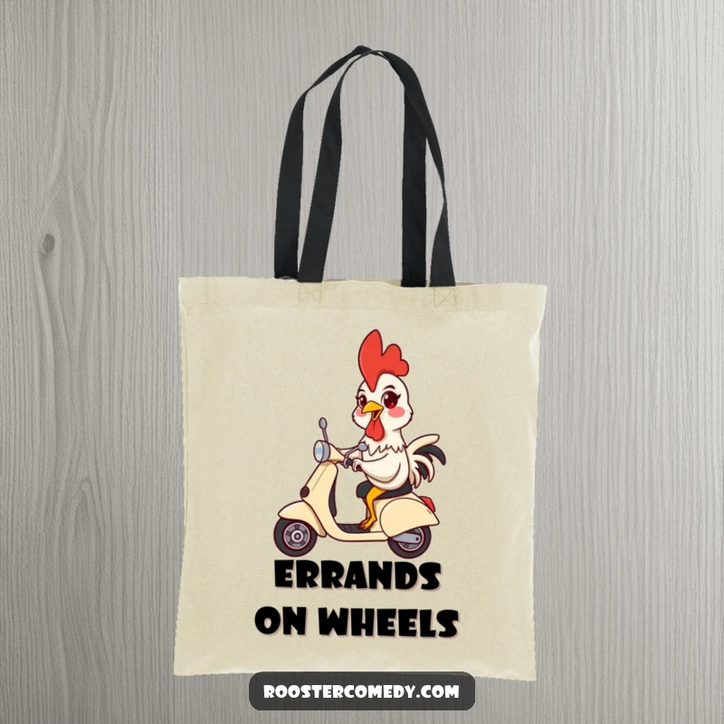Funny tote bag with a rooster joyfully riding a scooter, symbolizing freedom and fun adventures.