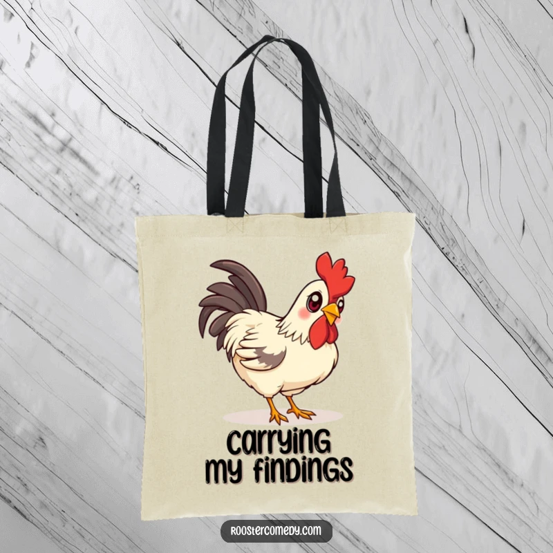 Funny curious rooster tote bag, showing a rooster with bright, inquisitive eyes pecking the ground.