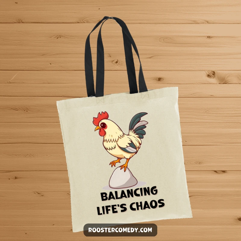 Funny Focused Rooster Tote Bag, tote with a rooster balancing on a pebble, intense focus, humorous and funny bird accessory.
