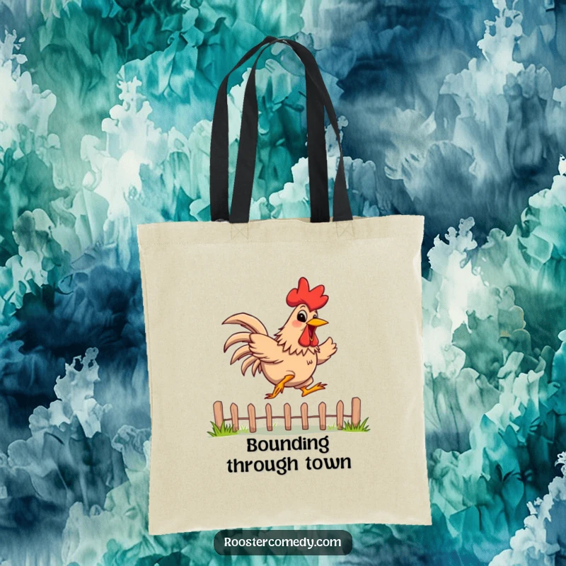 Funny Tote Bag featuring a rooster with a wide, energetic grin, leaping over a low fence, a sturdy and humorous accessory.
