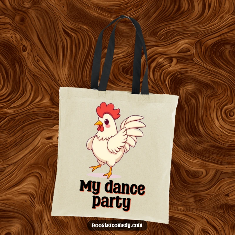 Funny Kawaii Rooster Tote Bag: Features a cute rooster dancing energetically, wings flapping with joy. A wonderfully funny gift.