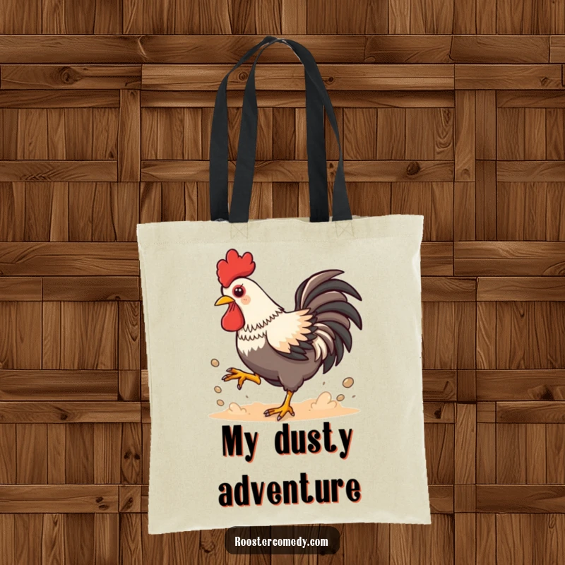 Funny Kawaii Rooster Dust Tote Bag: Playful chicken kicking up dust with energy, practical and fun accessory for shopping and daily use.
