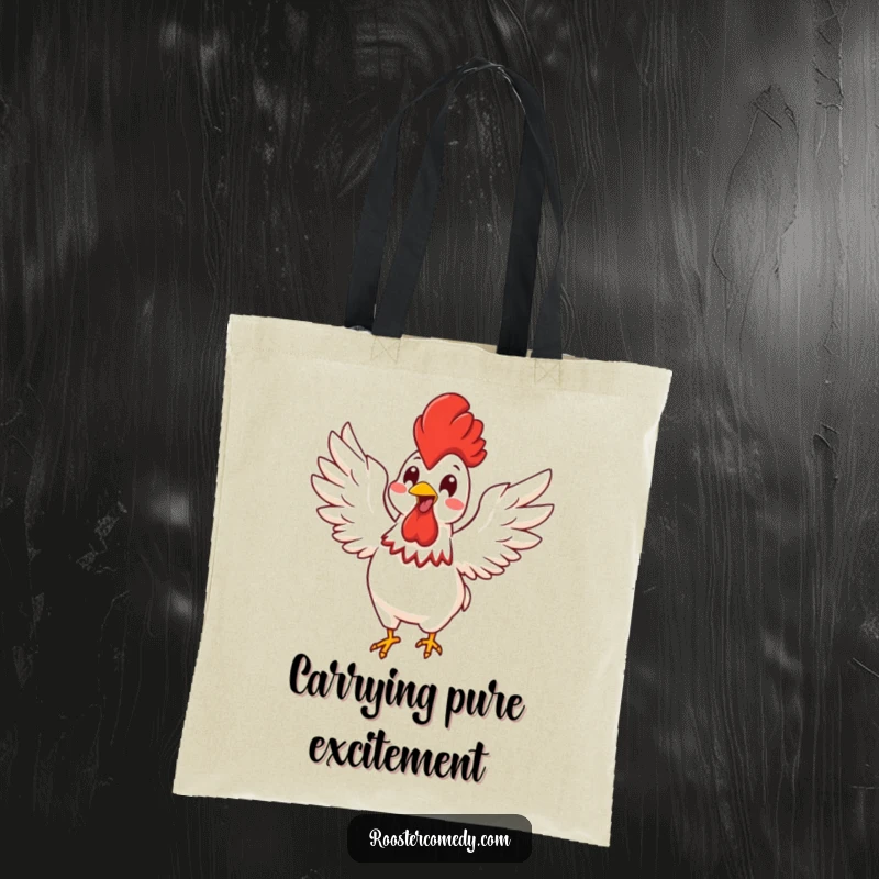 Funny Kawaii rooster flapping its wings with energetic glee, on a durable canvas tote bag.