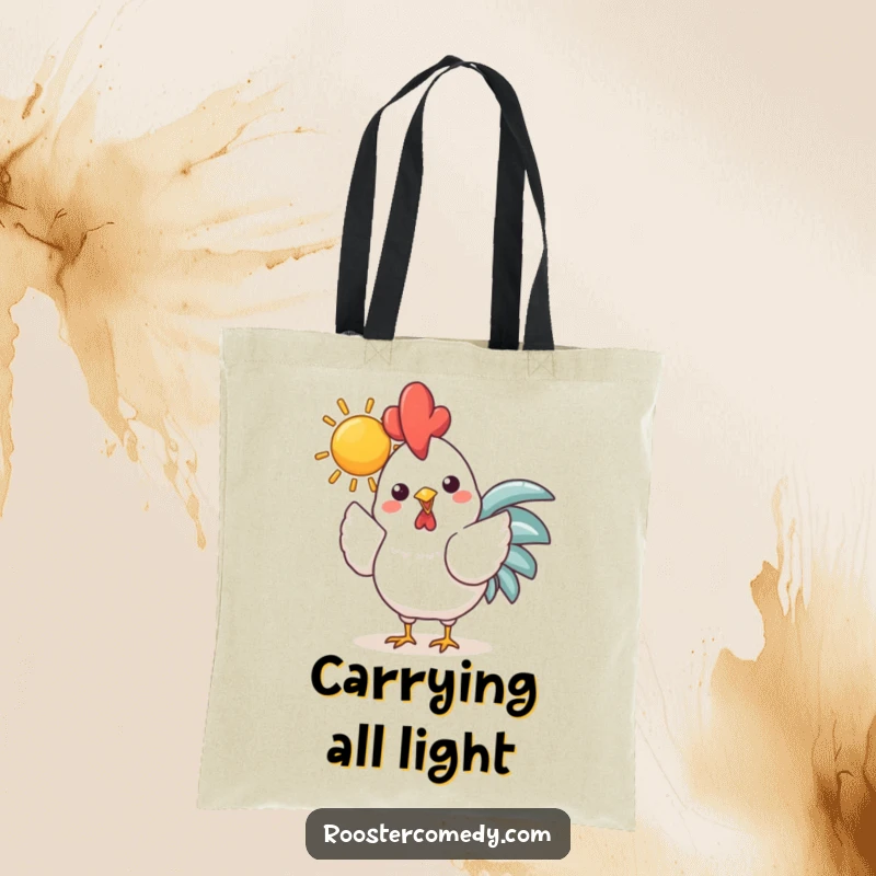 Funny Kawaii Rooster Sun Tote Bag: Cheerful chicken holding a bright sun in its beak, practical and positive accessory for everyday use.
