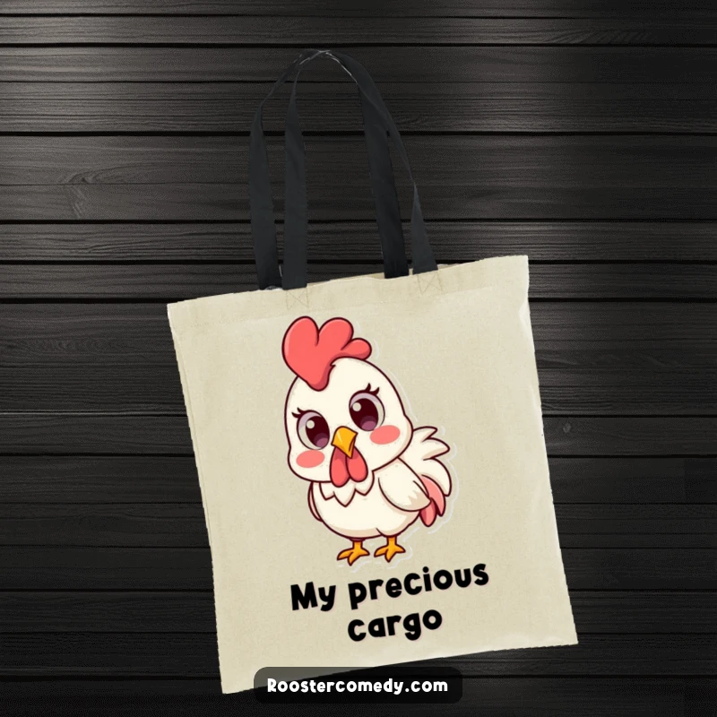 Funny Kawaii rooster with wide, surprised eyes, on a durable tote bag.