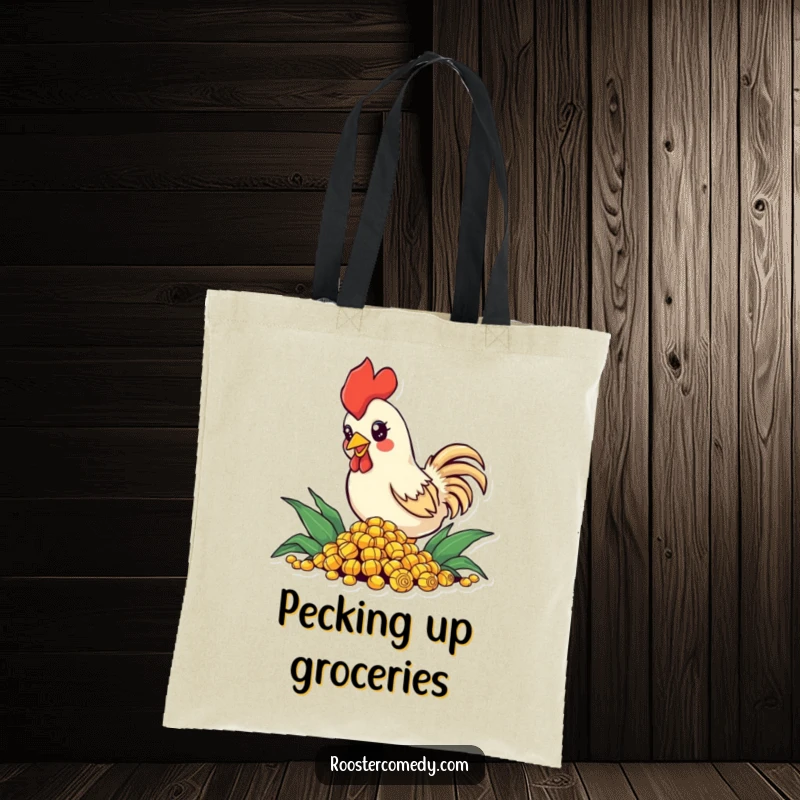 Funny Tote Bag featuring a small rooster with sparkling eyes, enthusiastically pecking at a pile of corn, a sturdy and humorous accessory.