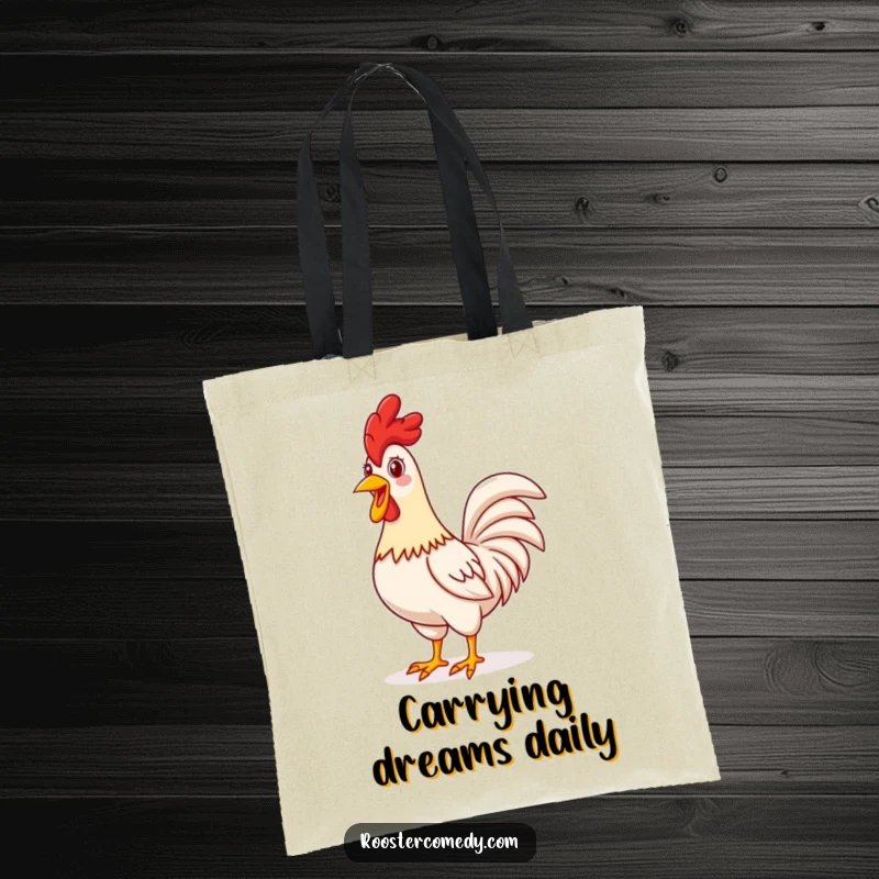 Funny proud rooster tote bag, standing tall and crowing, cheerful farm accessory, practical and cute, perfect funny gift.