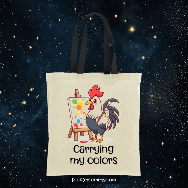 Funny tote bag with a rooster enthusiastically painting, ideal for artists carrying supplies.