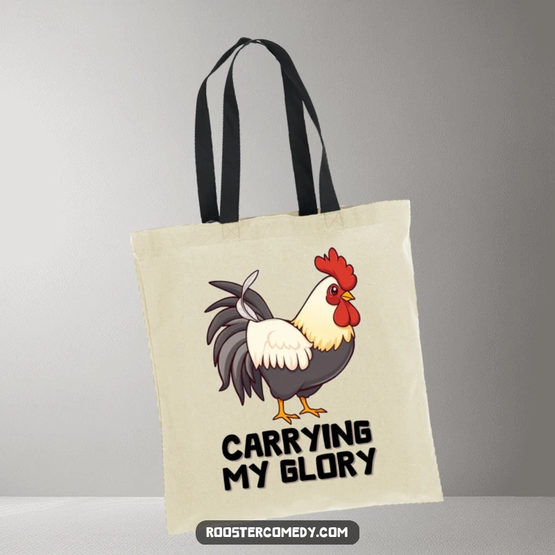 Funny proud rooster tote bag, showcasing a confident chicken holding a single feather, a stylish humorous accessory.