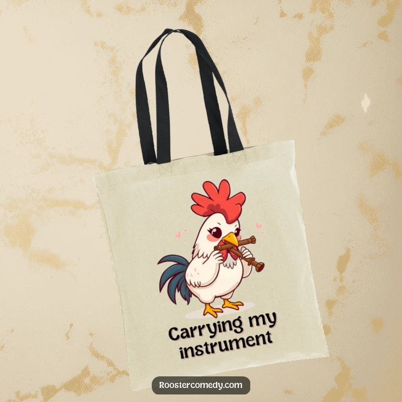 Funny Tote Bag with a rooster playing a tiny flute, radiating pure delight and a love for music.