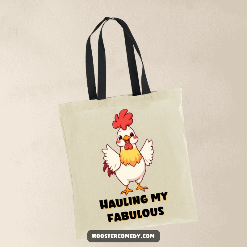 Funny tote bag depicting a rooster enthusiastically fanning its colorful tail feathers with a big grin, carrying essentials with proud flair.