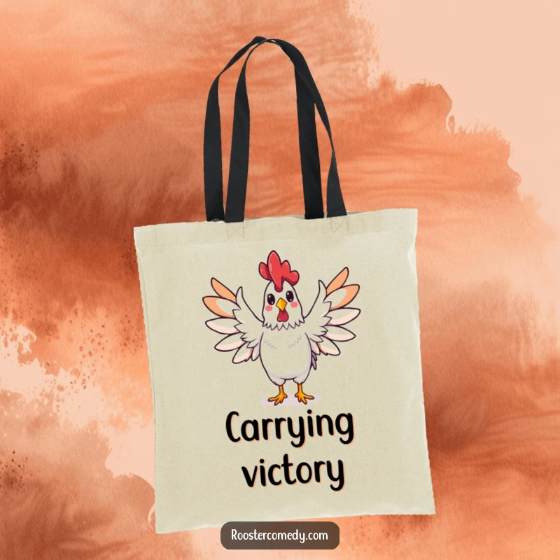 Funny rooster tote bag, a rooster spreading its wings wide in a triumphant gesture, symbolizing celebration.