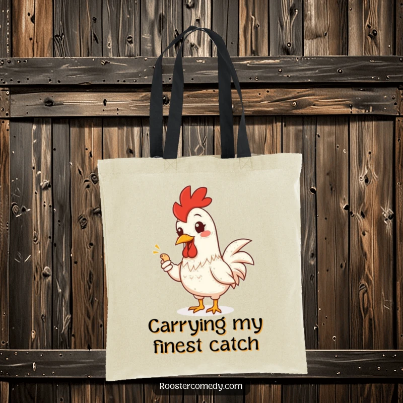 Funny Rooster Tote Bag: Spacious tote featuring a grinning rooster offering a worm, a practical and humorous accessory.