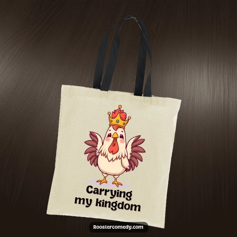 Funny Royal Rooster Crowing Tote Bag, tote with a proud crowned rooster, majestic and funny bird accessory, ideal for shopping.