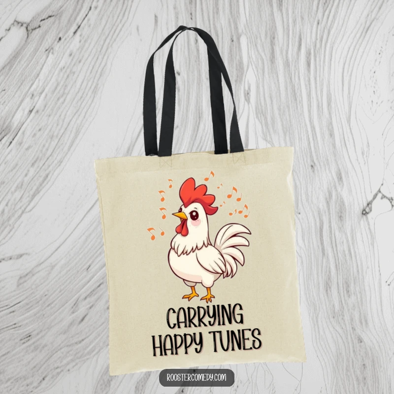 Funny rooster tote bag with a singing bird and swirling musical notes. Perfect for carrying music gear or groceries.