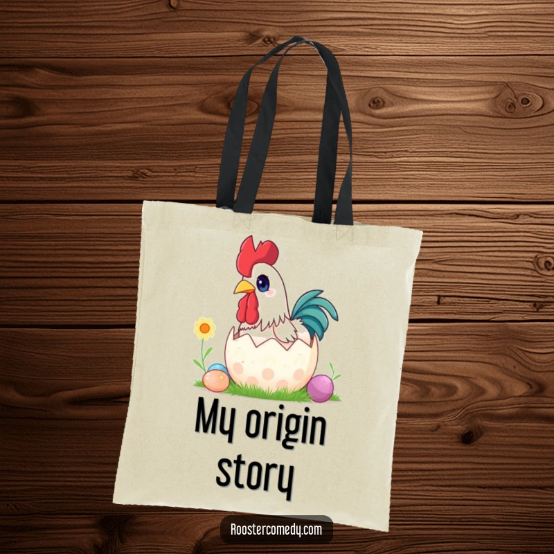 Funny surprise rooster Easter tote bag, wide eyes, popping out of egg, holiday bag, cute accessory.