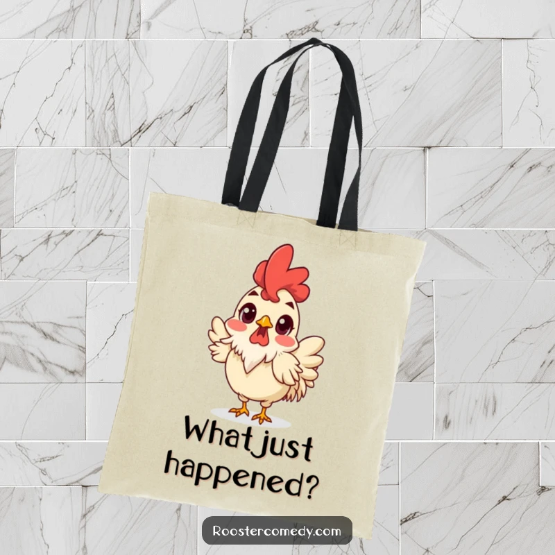 Funny Surprised Rooster Tote Bag, tote with a shocked rooster, wide eyes and ruffled feathers, humorous and funny bird accessory.
