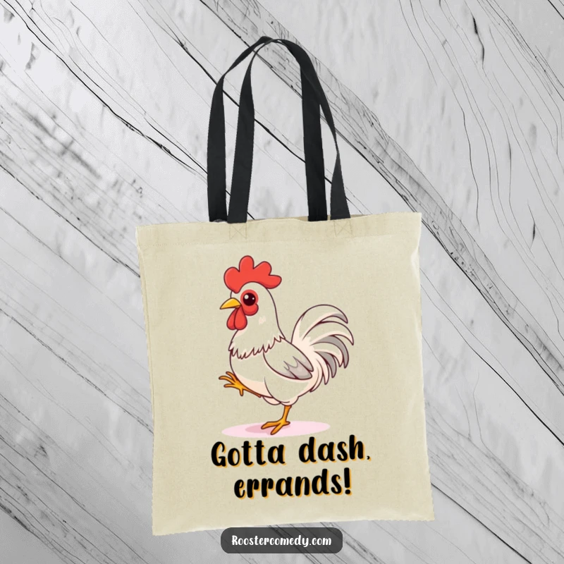 Funny rooster tote bag, a playful bird tapping its foot, looking like it's about to sprint, showcasing energetic readiness.