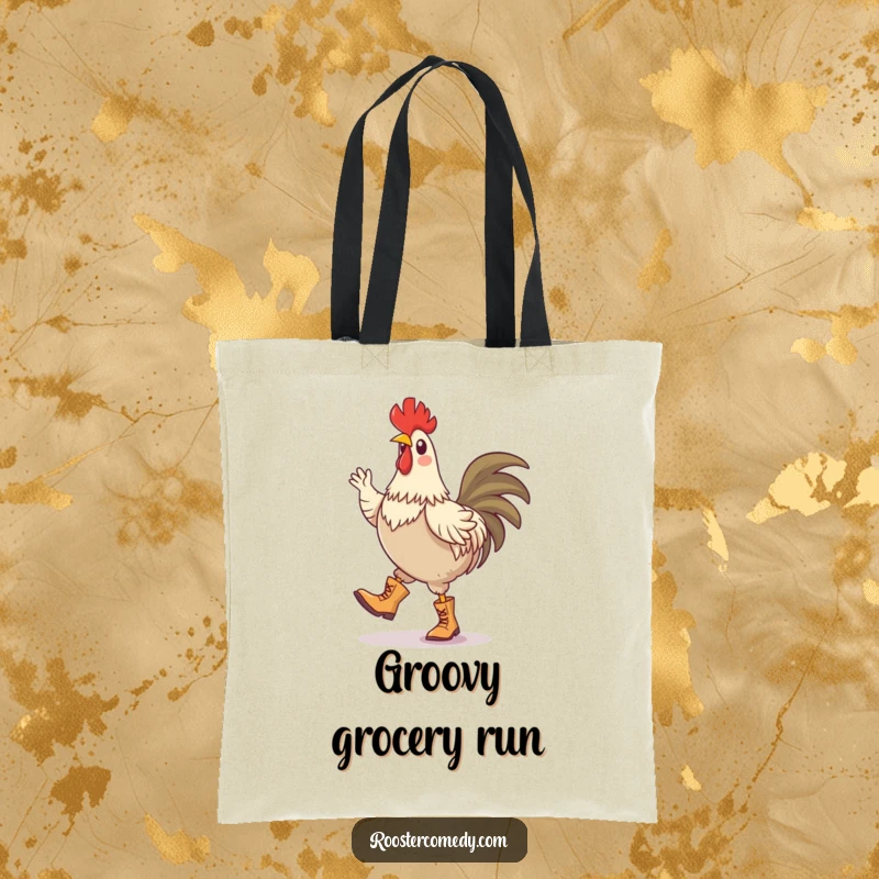 Funny tote bag illustrating a rooster wearing tiny boots and enthusiastically performing a silly jig, a visual celebration of movement.
