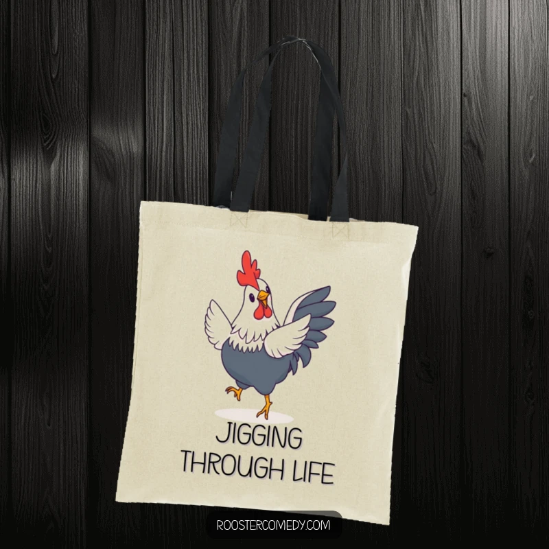 Funny Rooster Tote Bag: A charming rooster with comically small, flapping wings executing a delightful happy jig, a mobile piece of art.