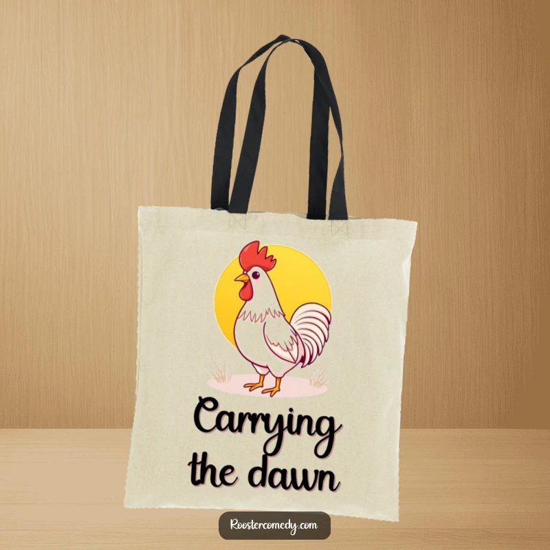 Funny Kawaii rooster tote bag depicting a cute rooster crowing at a bright sunrise, ideal for carrying items with a touch of cheer.