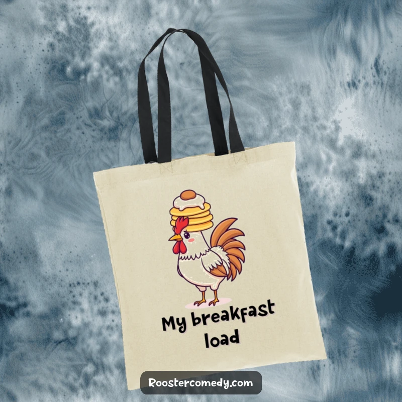 Funny pancake rooster tote bag, balancing pancakes on head, breakfast accessory, foodie tote, cute accessory.