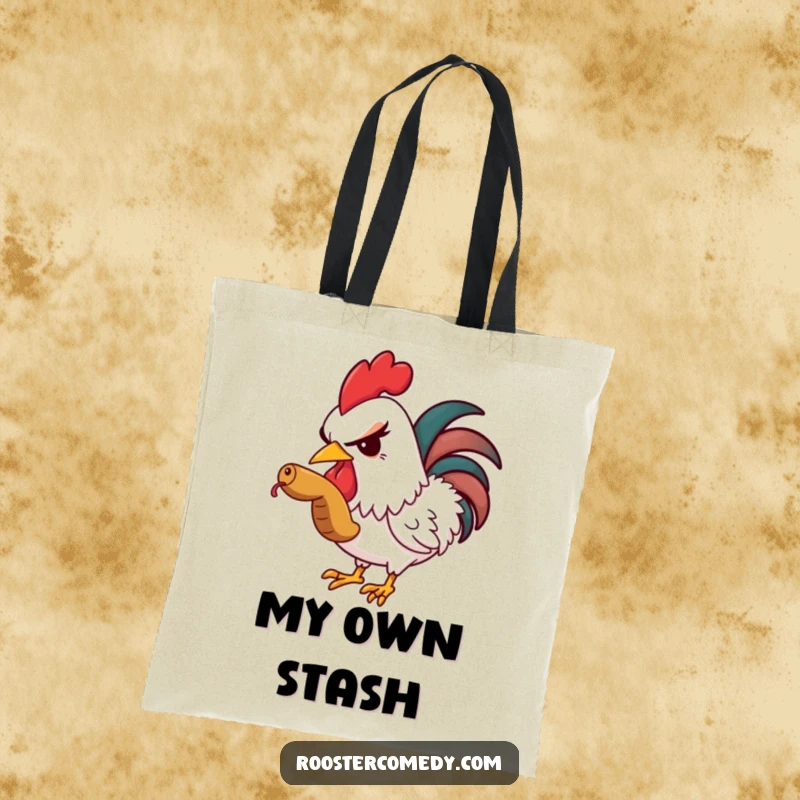 Funny tote bag with a rooster winking while sneaking a worm, ideal for carrying essentials with humor.