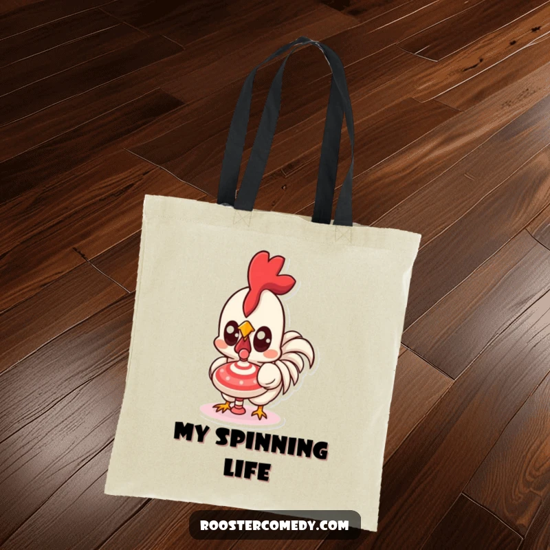 Funny Kawaii Rooster Tote Bag: Features a cute rooster with wide eyes focused on a spinning top. A wonderfully funny gift.