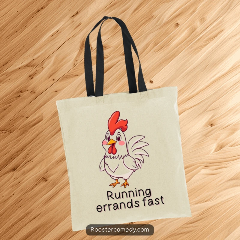 Funny Rooster tote bag depicting a rooster in a race with a wide, goofy grin, symbolizing playful competition and lighthearted joy.