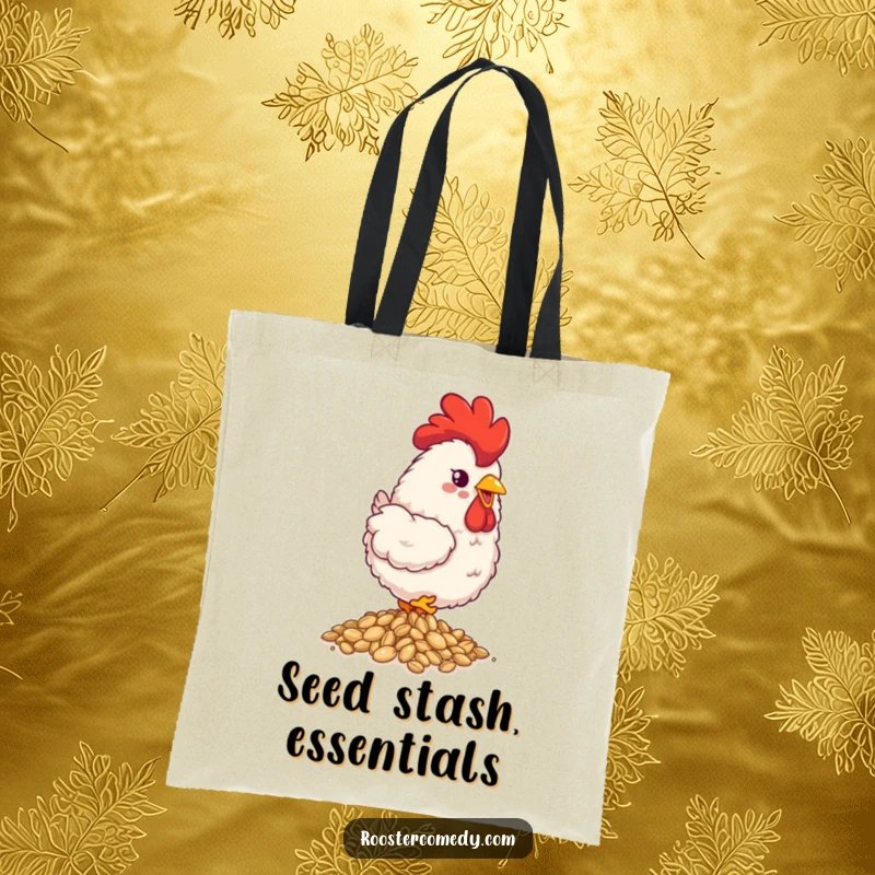 Funny fluffy rooster tote bag, happily pecking seeds, cute farm accessory, practical and charming, perfect funny gift.